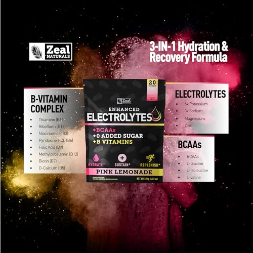 Image of Zeal Naturals Enhanced Electrolyte Powder Stick Packs (Pink Lemonade - 20 Packets) Sugar Free + BCAA B-Vitamins & Pink Himalayan Salt - Keto Electrolytes, Hydration Powder