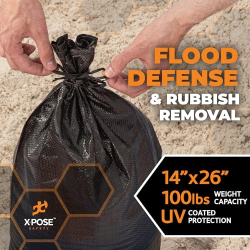 Image of Xpose Safety Heavy Duty Sand Bags with Tie Strings - Empty Woven Polypropylene Sandbags for Hurricane Flood Protection, 100 lb Capacity, 14 inch x 26 inch, Black, Pack of 10