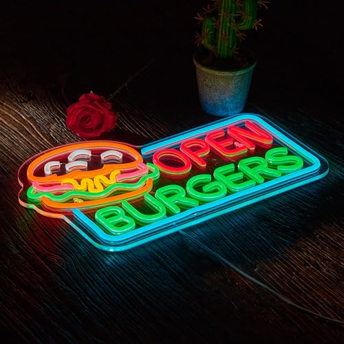 Image of Burgers Open Neon Sign for Wall Decor Dimmable Business Hamburger Food Shop LED Neon Light USB Powered Neon Art Signs Decor