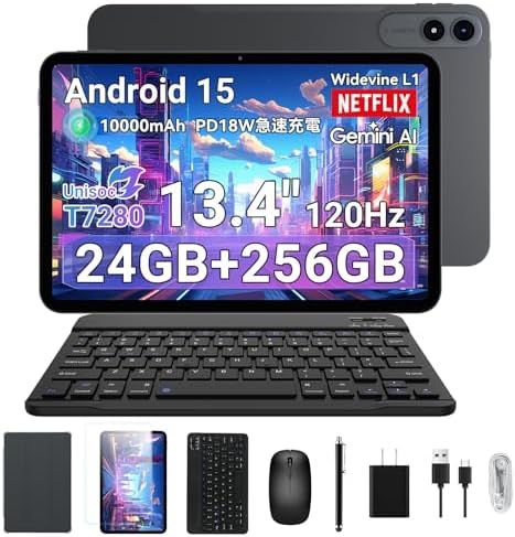 （17:00時点） 【タブレット 13インチ Wi-Fiモデル】TABWEE T60pro Android 15 タブレット、24GB+256GB+2TB拡張、 8コアCPU T7280、FHD+ 120Hz Widevine L1 Netflix 顔認識、PD18急速充電 10000mAh、GMS+5G WiFi+BT5.0、キーボード/マウス/タッチペン/フィルム/専用ケース付き、Tablet