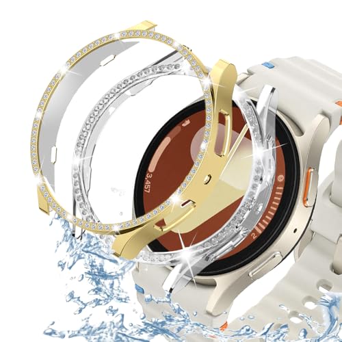 DEALELE [2-Pack] Case Compatible with Samsung Galaxy Watch 7 44mm, Bling Single-Row Diamond PC Protective Case Replacement Watch Cover Bumper (44mm, Gold+Transparent)