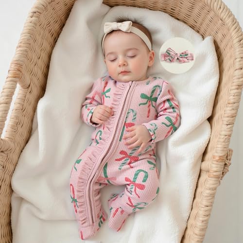 Newborn Baby Girl Christmas Outfit Bow Candy Cane Footed Romper Headband Infant My First Xmas Jumpsuit4