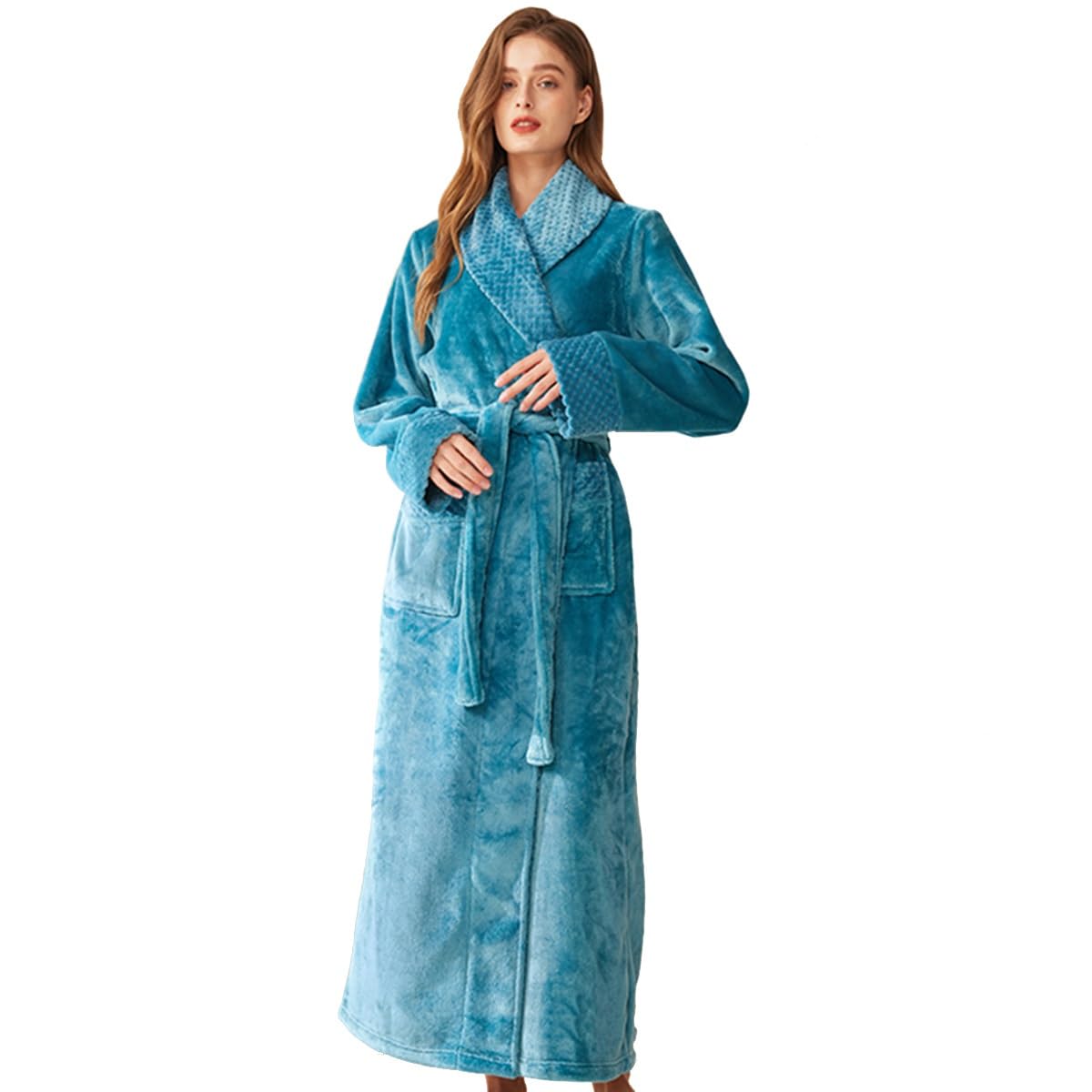 Szlafrok Damski Flanelowy Szlafrok Męski Długa Bielizna Nocna Koszule Nocne Długi Rękaw Pełna Długość Bielizna Nocna Ciepła Z Kieszenią(Green,M women)