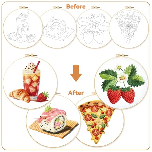 Image of BEUNITONE 4 Set Strawberry Embroidery Kit with Hoops for Adult Beginners | Food /Drink Needlepoint Craft Kits Complete DIY Handmade Cross Stitch Set with Pre-Printed Designs for Home Decor 20x20cm