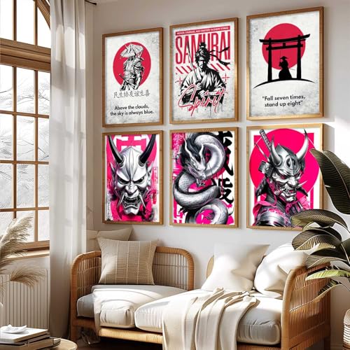 Image of HOTHOUSE Aesthetic Samurai Theme Devil Masks Wall Framed Posters | Japanese Devil Masks Framed Poster for Living Room Bedroom Gaming Room Studio Wall Decor Set Of 6 (13X17 inch)