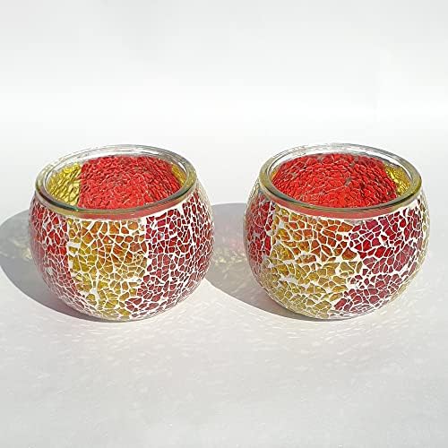 Mosaic Glass Candle Holder Vintage Jar Tea Light Holders Romantic Tea Light Candle Holder Home Decoration with Upto 8 Hour Burn Tea Light Candles (4 Pack)