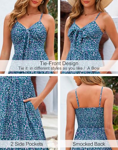 Image of Kranda Women 2026 Summer Sundress High Waist Tie Front Spaghetti Strap Long Beach Floral Tiered Maxi Dress with Pockets