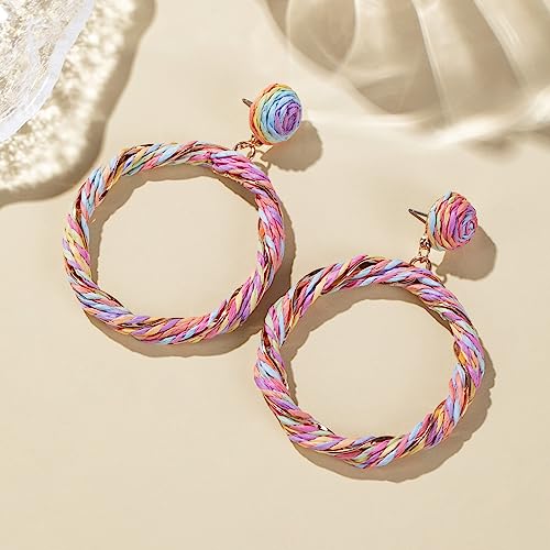 Boho Raffia Hoop Dangle Earrings Twisted - Statement Rattan Round Geometric Earrings For Summer Beach Vacation3