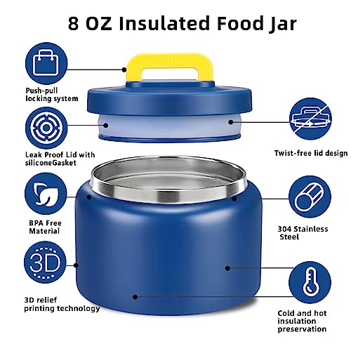 Image of JXXM 8 Oz Thermo Food Jar for Hot & Cold Food for Kids, Insulated Lunch Containers Hot Food Jar,Leak-Proof Vacuum Stainless Steel Wide Mouth Lunch Soup Thermo for School (BLUE-Pure)