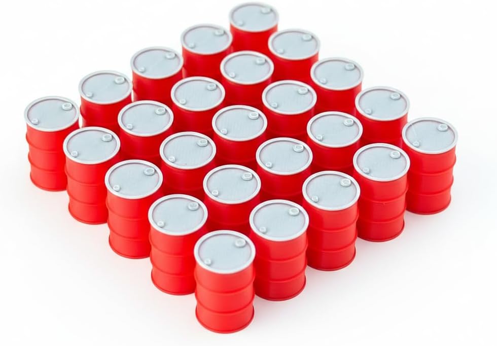 HO Scale Industrial Oil Drums (25 Pack) – 1:87 Model Railroad Scenery (Red/Gray)
