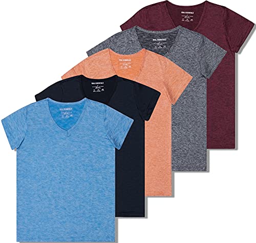 Women's Dry-Fit Moisture Wicking Performance Yoga Tops - 5 Pack of Short Sleeve V-Neck Activewear T-Shirts
