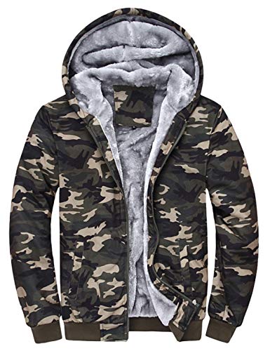 Tanming Men's Winter Thicken Sherpa Lined Camo Hoodies Full Zip Warm Hooded Coat (Army Green, Large)