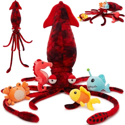 Image of Giant Squid Stuffed Animal with 4 Sea Animal Plush, Red, 41.3 inch
