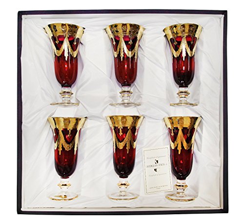 Interglass - Italy Ruby Red Crystal Champagne Flutes Vintage Design 24K Gold Hand Decorated, 9 Oz, Set Of 6 #TOP2
