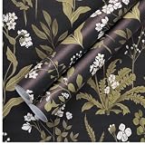 Abyssaly Vintage Floral Wallpaper Peel and Stick Boho, Black and Gold Academic Contact Paper, Self Adhesive Removable Moody Wallpaper for Wall Cabinets 17.7 in X 118 in