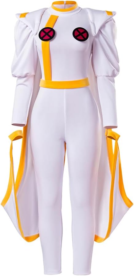 MelangCos Heroine Ororo Cosplay Costume White Queen Jumpsuit with Cape Halloween Outfit