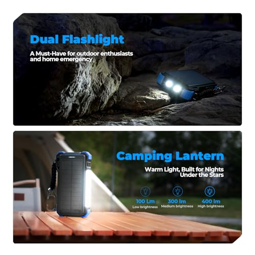 Image of BLAVOR Solar Power Bank 20000mAh Built-in Cables, Wireless Charger for Phones & Apple Watch, 20W Fast Charging Battery Pack with USB C, Flashlight, Solar Charger for iPhone, iPad, iWatch, Samsung