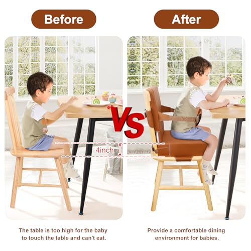 Image of Toddler Booster Seat for Dining Table Kitchen Chair, Waterproof Non-Slip with Backrest & Adjustable Straps, Portable PU Travel Baby Kids Booster Seat Cushion
