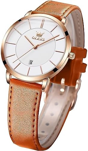 OLEVS Women’s Watches for Ladies Female Wrist Watch Leather Band Waterproof Thin Minimalist Casual Simple Dress Quartz Analog with Date Calendar
