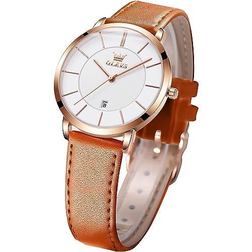 OLEVS Women's Watches Brown Leather Band for Women Ladies Female