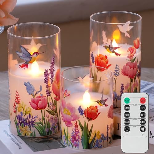 Image of Glass Flameless Candles with Remote, Hummingbird Floral Battery Operated Candles, Flickering LED Pillar Candle for Wedding, Home, Party Gift, Set of 3