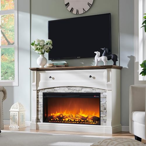 RedLemon 52'' Electric Fireplace with Mantel, Farmhouse Entertainment Center w/36 Electric Fireplace & Sime-Open Cubby for Living Room, Antique White