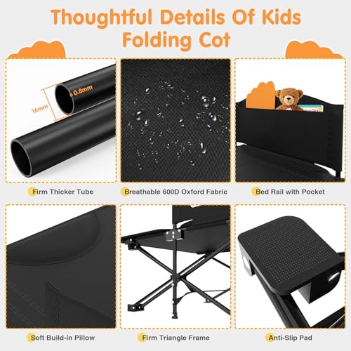 Image of Suteck Kids Camping Cot, Comfortable Toddler Cot Bed Easy to Store and Use, Portable Sleeping Cot with Guardrail, Lightweight Bed for Outdoor Indoor Home