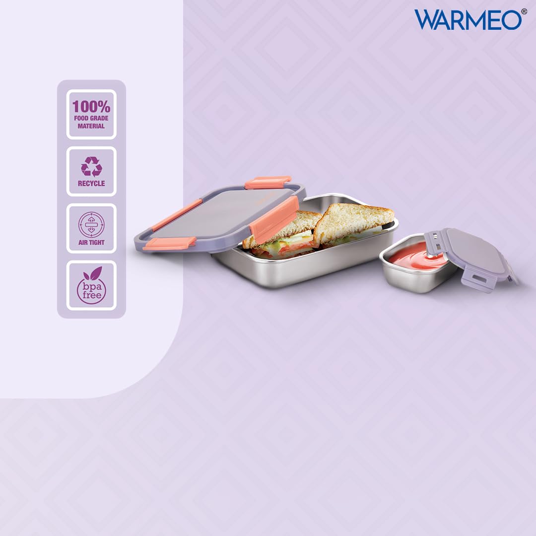 WARMEO Carnival Stainless Steel Airtight Leak-Proof Lunch Box, Light Weight, Easy to Clean, Perfect for Office, School, Picnic & Travelling, Set of 2 (800ml+150ml) Purple & Peach — Amazon image 3