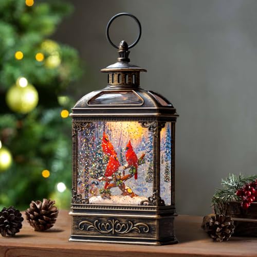 Christmas Snow Globe Lantern 3 Cardinal Perched on a Branch Musical Snow Globe with Swirling Glitter, Christmas Holiday Party Gifts and Decorations