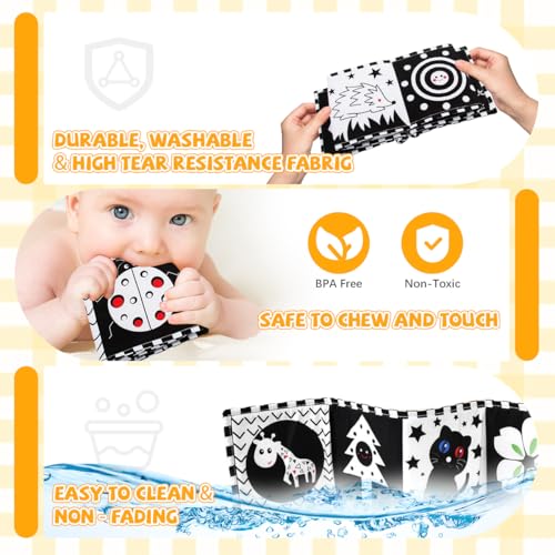 Image of SNOWIE Soft Baby Cloth Book 0-6 Months High Contrast Sensory Washable | Double-Sided Visual Stimulation, Tear-Resistant Pages for Tactile Play, Soft Cloth, Hangable Washable Design, Care Guidance