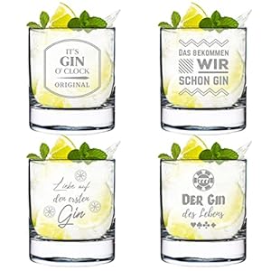 Gin Tonic Gläser 4x mit gravierte Sprüche – Cocktailglas 320 ml für Drinks – Genießen – Sommergetränk – Mixgetränk…