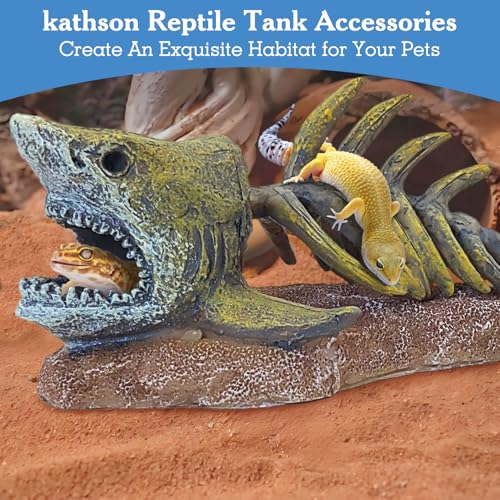 Image of kathson Fish Tank Decorations Resin Shark Skeleton Aquarium Decor Reptile Tank Accessories Ornament Fish Bone Hideout for Shrimp Lizards Geckos Spiders