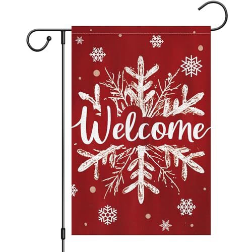 Heyfibro Christmas Winter Welcome Garden Flag 12x18 Inch Double Sided Burlap Winter Snowflake Yard Flags for Holiday Xmas Yard Outdoor Decoration(ONLY FLAG)