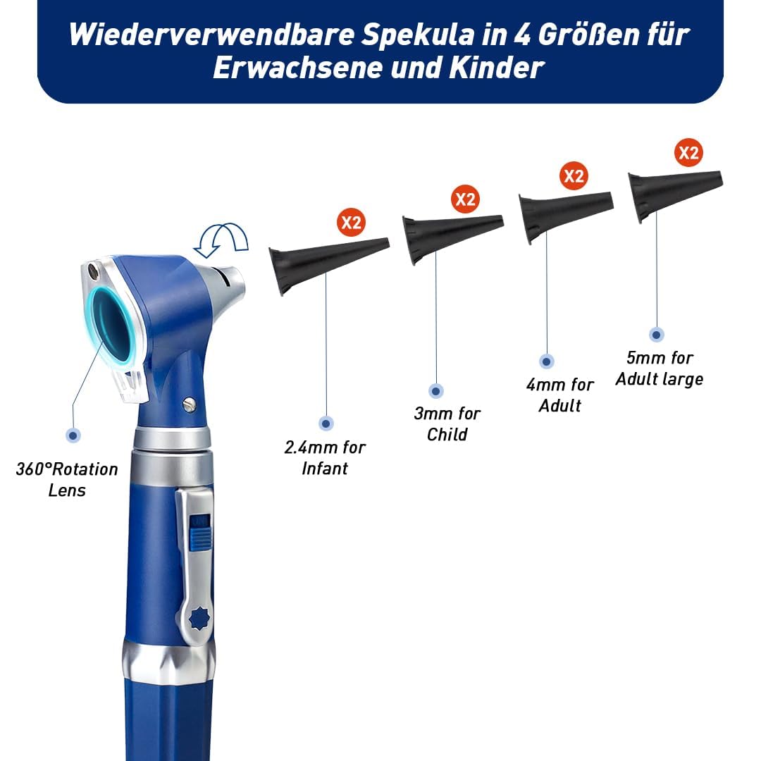 Scian Otoscopio Medico Profesional - Otoscopio Con Lámpara, 3 Magnificaciones, 4 Herramientas De Diagnóstico Para El Cuidado Del Oído Del Tamaño De La Lente, Caja De Plástico Duro (Blue1)