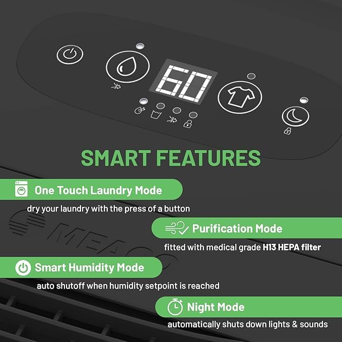 Meaco Dry Arete One 20L Smart Features graphic