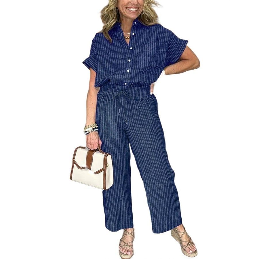 Ensemble 2 pièces printemps automne femme avec pantalon droit rayé
