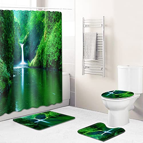 Duschvorhang Smaragdgrüner Wasserfall Badezimmerteppich 4-Teiliges Set, Duschvorhang 180x180 Polyester+Badematte…