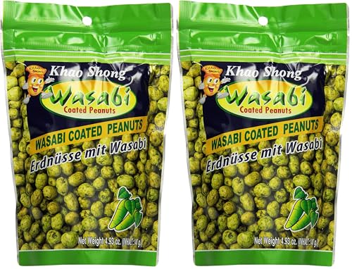 Khao Shong Erdnüsse mit Wasabi, knackige Erdnüsse im scharfen Teigmantel, knusprige Snacks für unterwegs, mittlere Schärfe, 1 x 140 g Standbeutel (Packung mit 2)