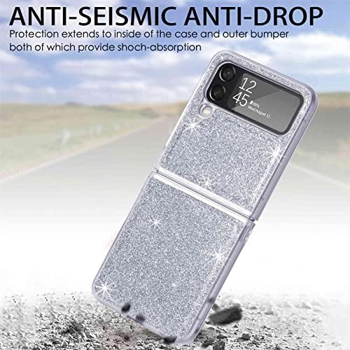 Case for Samsung Galaxy Z Flip 4 Case 5G Glitter Shockproof Rigid Hard PC Back Case Shiny PU Leather Cover for Girls Women Slim Fit Drop Protection Phone Bumper Silver