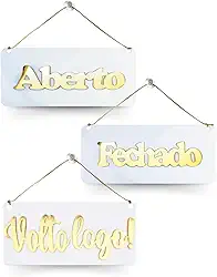 Placas Acrílico Aberto Fechado + Volto Logo Branco e Dourado