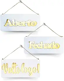 Placas Acrílico Aberto Fechado + Volto Logo Branco e Dourado