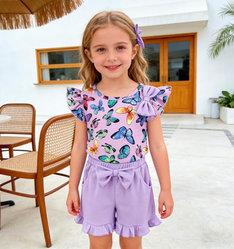 Image of Barlver Girls 2 Piece Short Set Baby Girl Summer Clothes Ruffle Sleeve T-Shirt and Bow Knot Shorts Toddler Girl Outfit Set