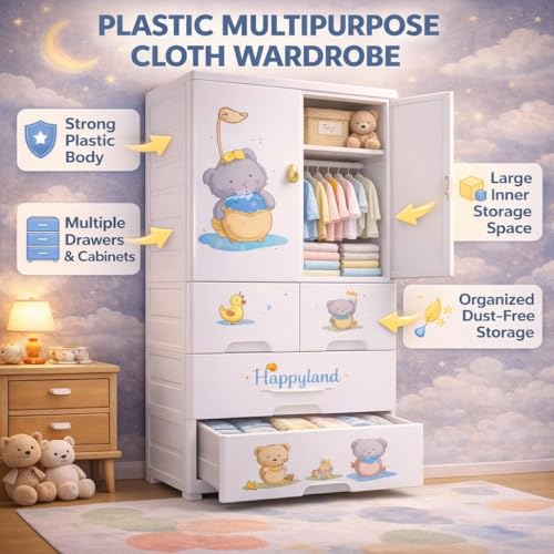 Image of Mevigo 4- Door Plastic Wardrobe for Kids| Almirah and Wardrobe for Baby Clothes| Modular Storage Cabinet with Wheel Organizer for Cupboard Rack for Clothes /Shoes /Books /Toy-Funny Bear-SJ6514