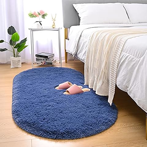 Merelax Soft Shaggy Rug for Kids Bedroom Oval 2.6'x5.3' Light Navy Plush Fluffy Carpet for Living Room, Furry Carpet for Teen Girls Room, Anti-skid Fuzzy Comfy Rug for Nursery Decor Cute Baby Play Mat Cover