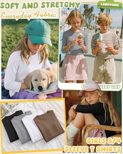 Image of 4 Pack Girls 3 /4 Sleeve T Shirts Kids Crewneck Elbow Sleeve Casual Tops Solid Basic Cute Teen Tees 5-14Y