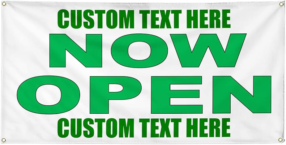 Custom Vinyl Banner Multiple Sizes Now Open Green Now Open Outdoor Weatherproof Industrial Yard Signs 4 Grommets Personalized Text Here 24x36Inches