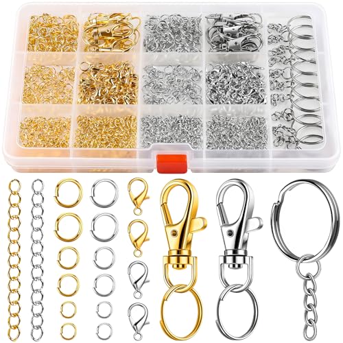 Caianwin 968 Stück Biegeringe Set， Golden und Silber Spaltringe Mit Armband Verschluss，Ketten，Drehbare Karabinerverschlüsse，Schlüsselringe mit kette