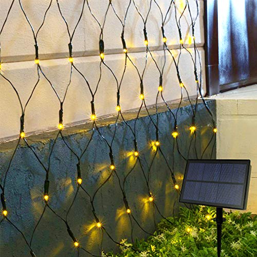JMEXSUSS Solar Net Mesh String Lights Outdoor Waterproof Lights, 8 Modes Remote Control Waterproof Solar Net Lights Outdoor Green Wire 9.8ft x 6.6ft 320 LED Mesh Lights(Warm White)