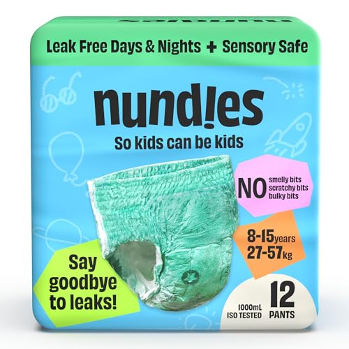 Nundies Youth Pants Disposable Nappy Pants for Kids & Teens Day & Night Leak Protection Odour Control Soft Slim Fit Underwear for Boys & Girls - Large (815 Years) - 12 Pack