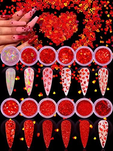 Warmfits Holographic Nail Glitters Red Glitters Heart Lip Shaped Nail Glitters Sparkle Acrylic Nail Sequins Valentine Nail Designs Mixed Size Powder for Craft Nail Art Painting Hair 12 Boxes